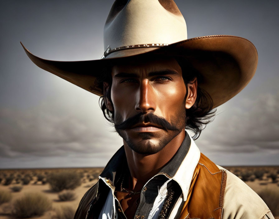 Man with mustache in cowboy hat and leather jacket in desert portrait