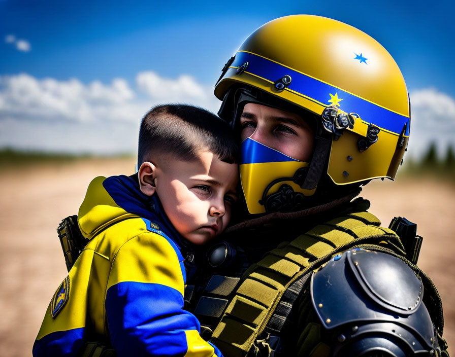 Person in Yellow Helmet Embraces Child Under Blue Sky