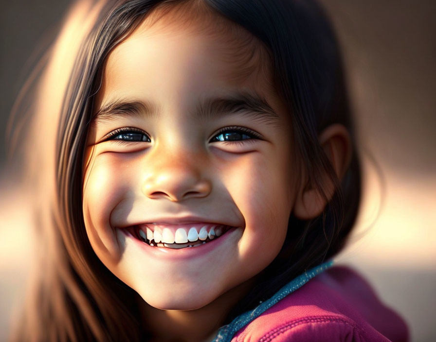 Young girl with beaming smile and pink jacket in warm light