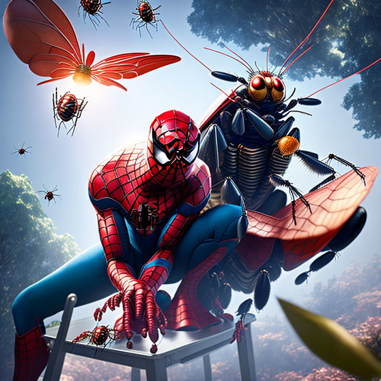 Marvel superhero surrounded by oversized insects on chair against clear sky and foliage.