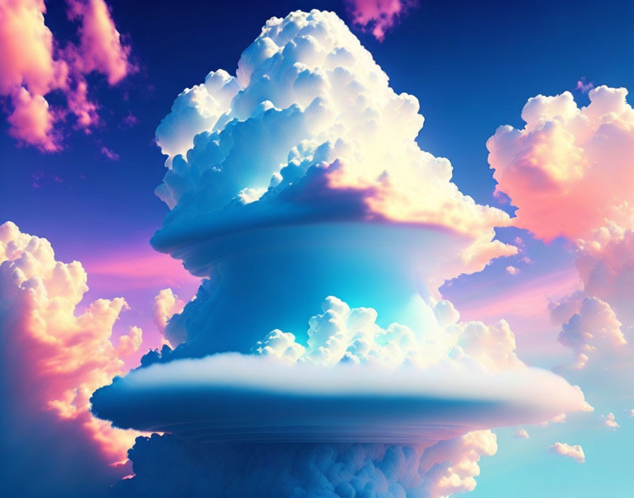 Large white cumulus cloud in vivid blue sky with pink hues and sunlight.