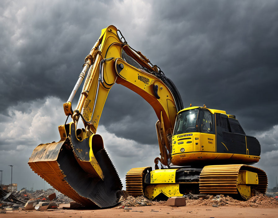 Yellow Excavator on Construction Site with Stormy Skies