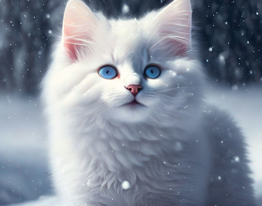 White Cat with Blue Eyes in Snowy Landscape with Falling Snowflakes