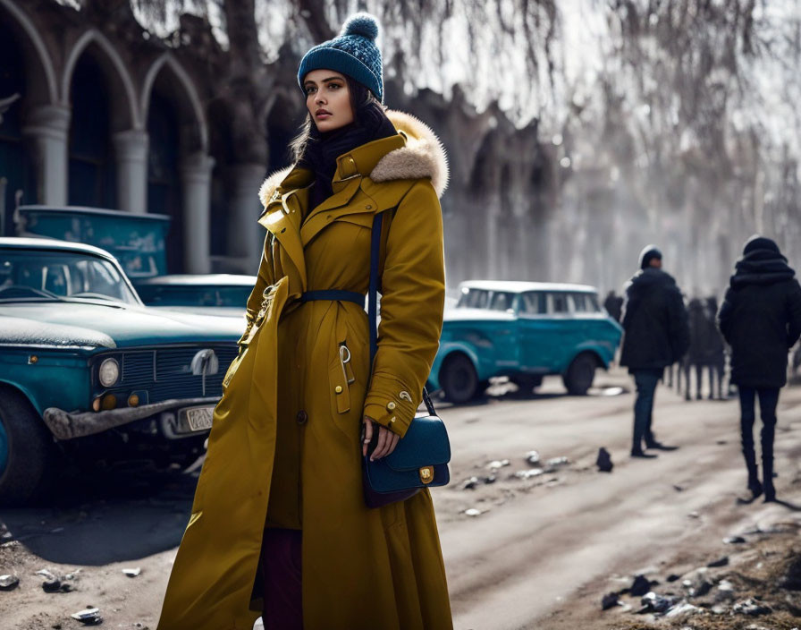 Stylish woman in mustard yellow trench coat on moody street scene