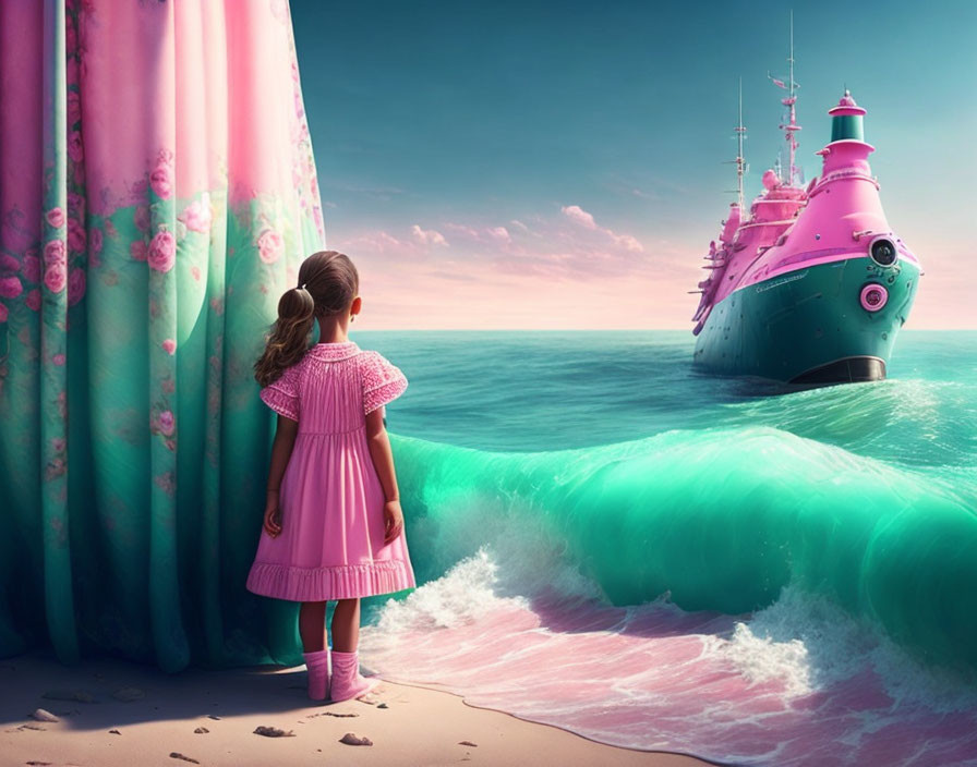 Young girl in pink dress watches large pink ship on beach with flowery curtains in the sky