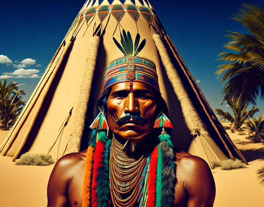 Native American Chief in Traditional Headdress and Teepee Scene