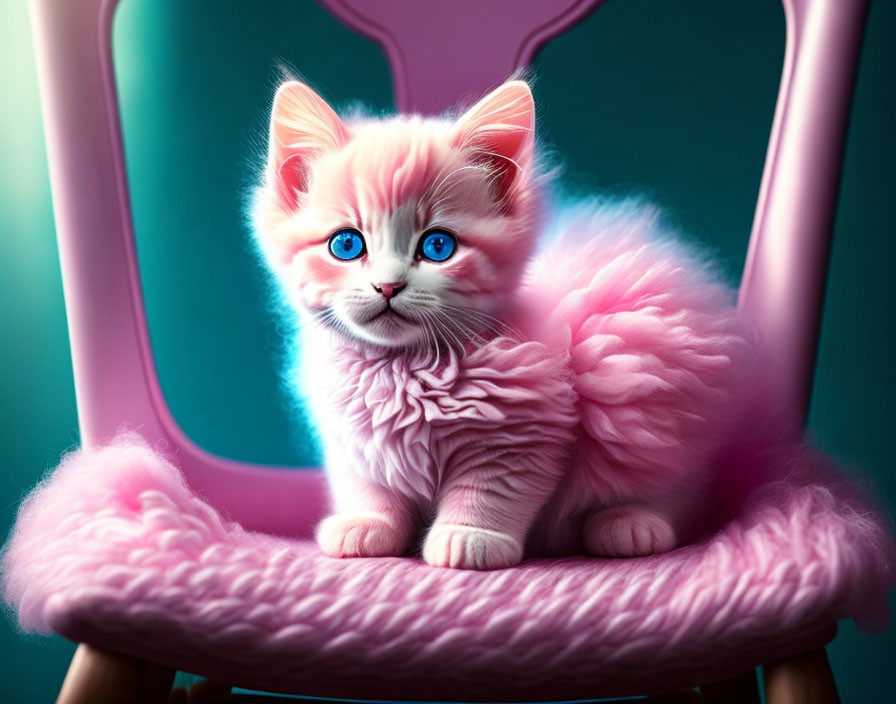 Fluffy pink kitten with blue eyes on pink chair against teal background