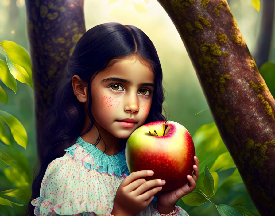 Young girl with dark hair and freckles holding a red apple in a sunlit forest