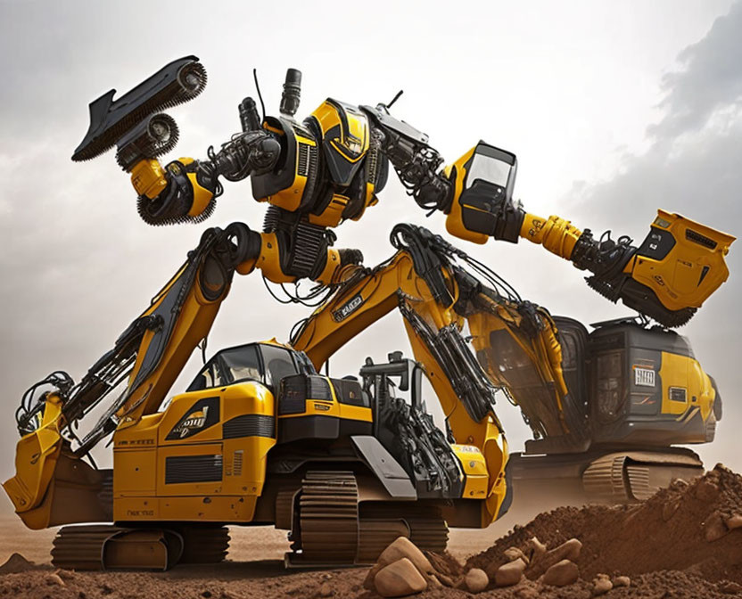 Construction Machines Robot Assembled in Desert Landscape