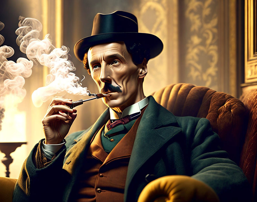 Vintage man in bowler hat smoking pipe in ornate room with luxurious drapery