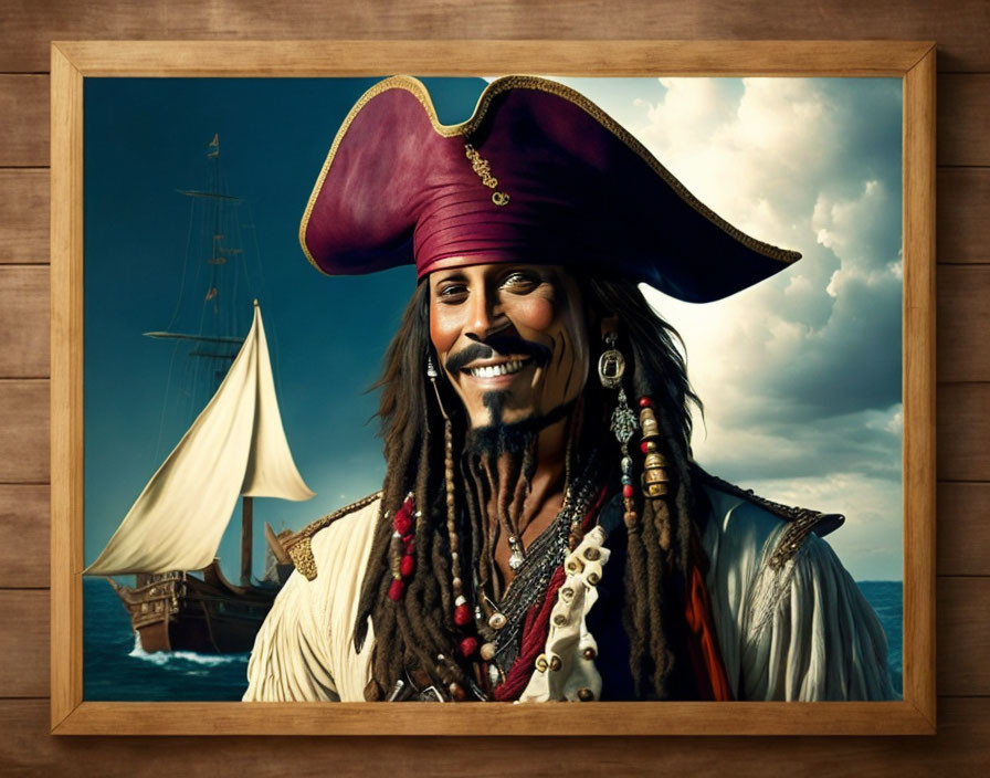 Smiling pirate portrait with red hat, ship, and ocean