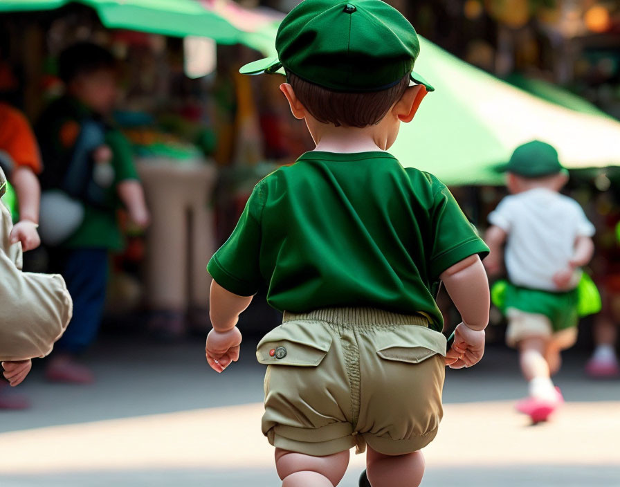 Young child in green outfit strolling at market with other kids in matching clothes