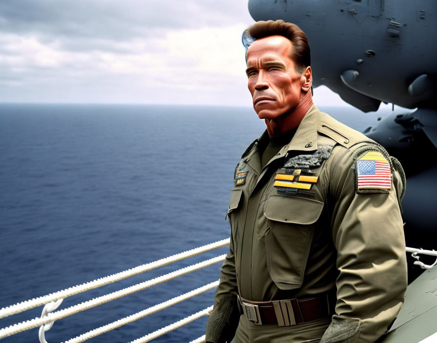 Military person on ship deck with ocean and cloudy sky