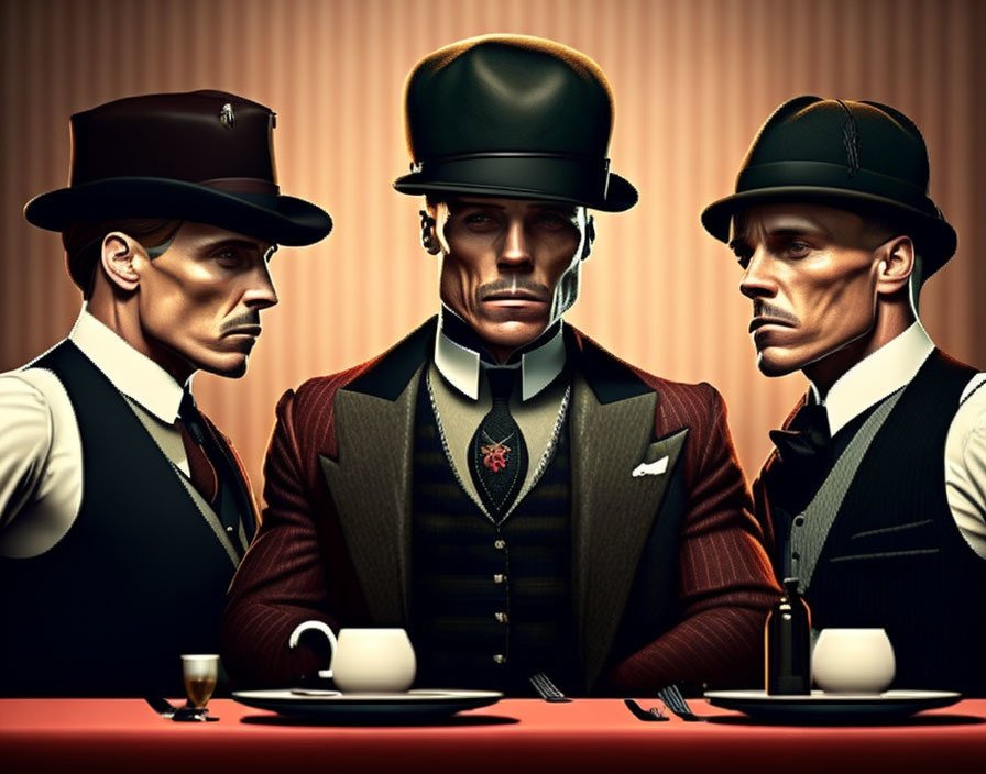 Vintage-style Artwork of Three Men with Bowler Hats Drinking Espresso