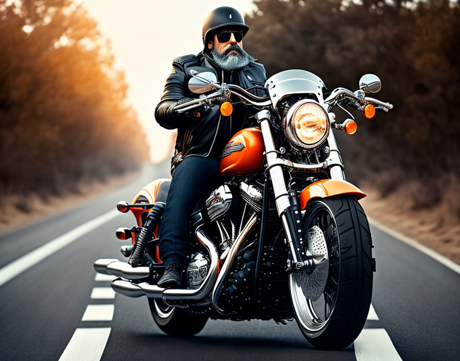 Bearded person in black leather jacket rides orange and black motorcycle