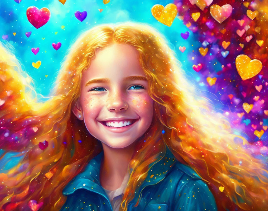 Smiling young girl with golden hair in colorful heart-filled scene