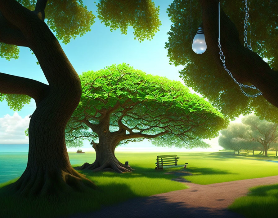 Tranquil Park Scene with Green Trees, Wooden Bench, and Hanging Lamp