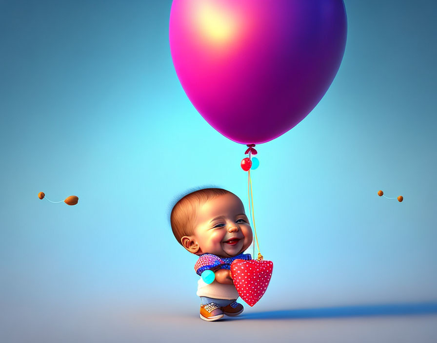 Animated baby with pink balloon and heart-shaped pillow on blue background