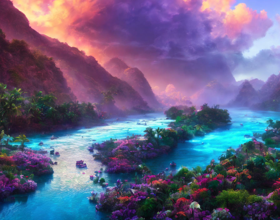 Colorful landscape: winding river, lush greenery, mountains, dramatic sky