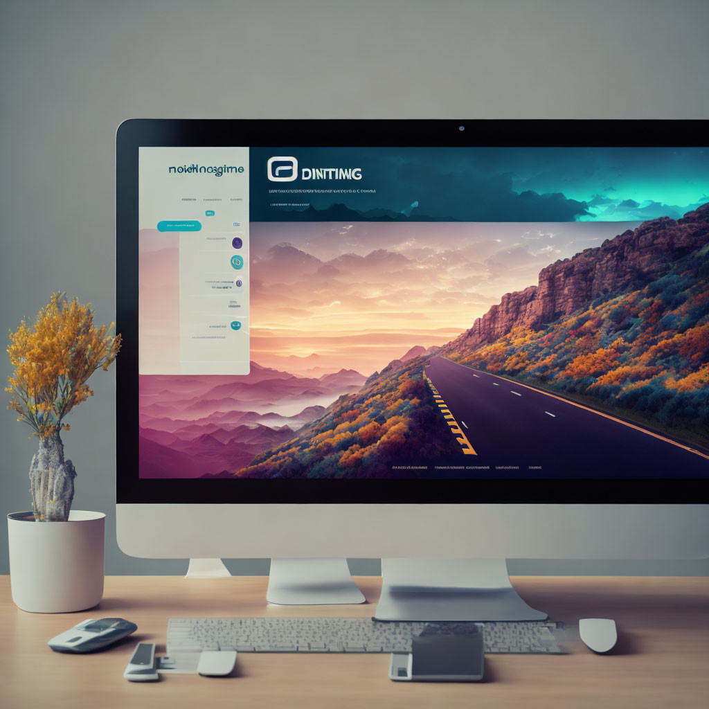 Spacious desk setup with large monitor, plant, smartphone, glasses, and stylus