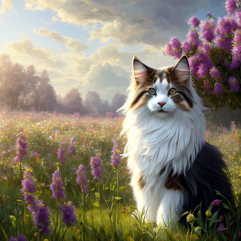 Long-Haired Cat in Meadow at Sunrise or Sunset