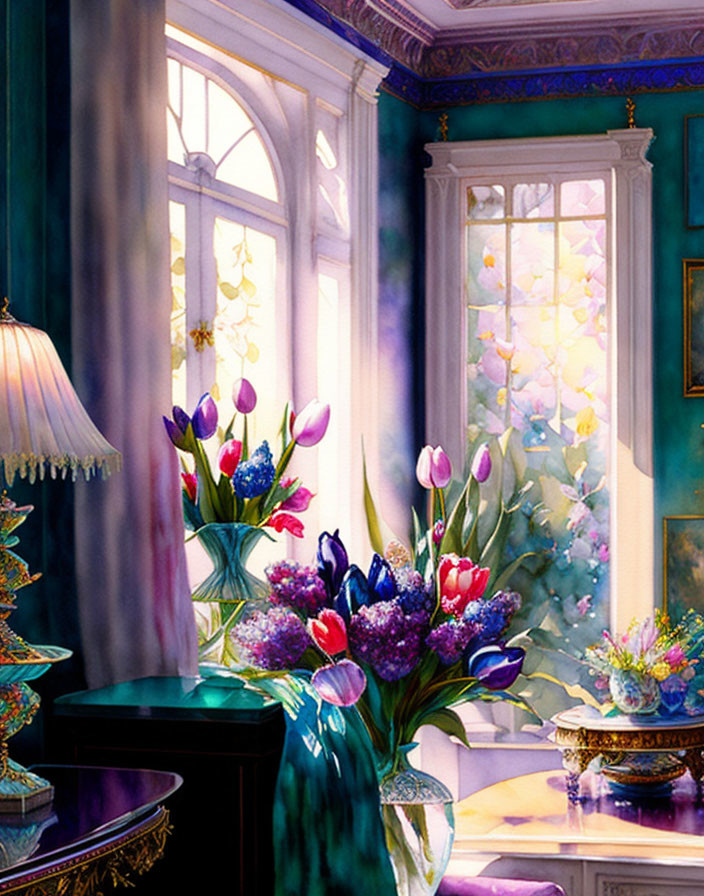 Sunlit room with colorful tulip bouquets, lush curtains, and serene ambiance