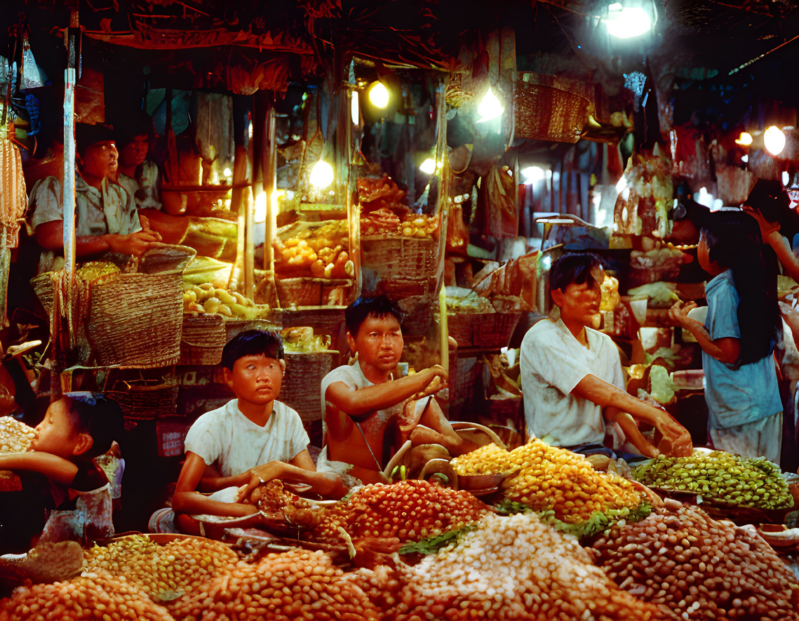 Colorful Fruit and Vegetable Market Scene with Hanging Light Bulbs