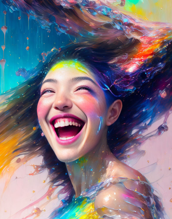 Colorful paint splashes swirl around joyful woman: vibrant image.