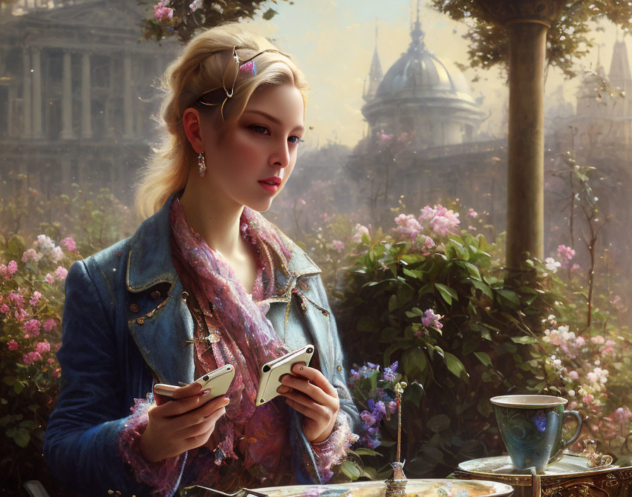 Woman in denim jacket and pink scarf at table with tea and flowers, looking at cards, with orn