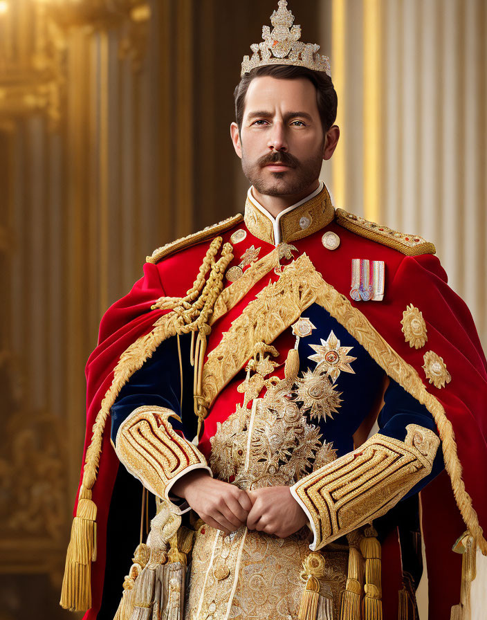 Regally attired man in ceremonial uniform with gold epaulettes, medals, and sash