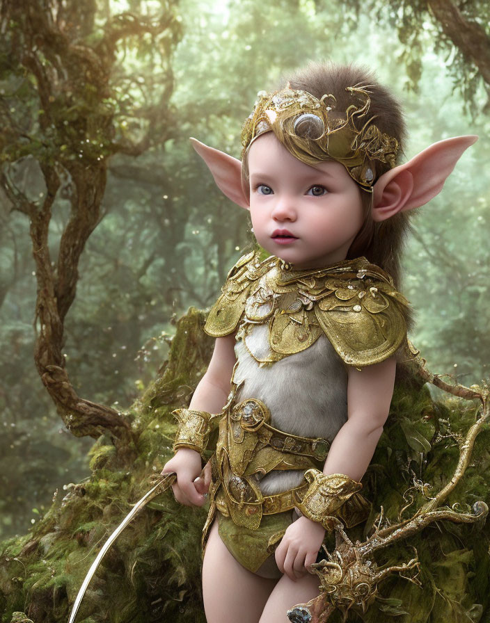 Baby in golden armor with pointed ears in enchanted forest wielding bow