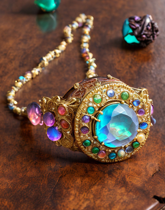 Golden bracelet with large blue gemstone & multicolored gems on wooden surface.