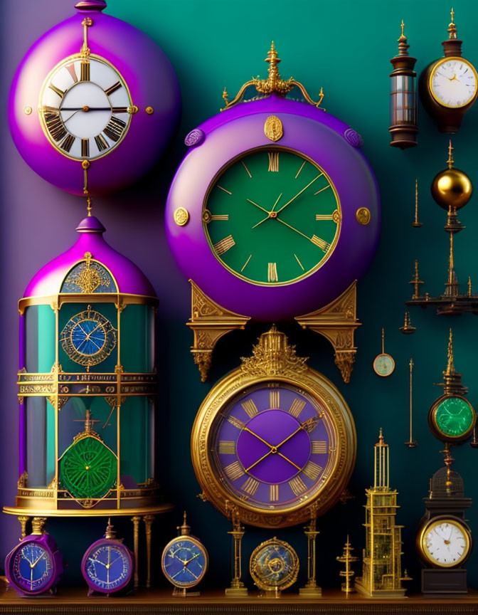 Assorted ornate clocks in different sizes and designs on teal background