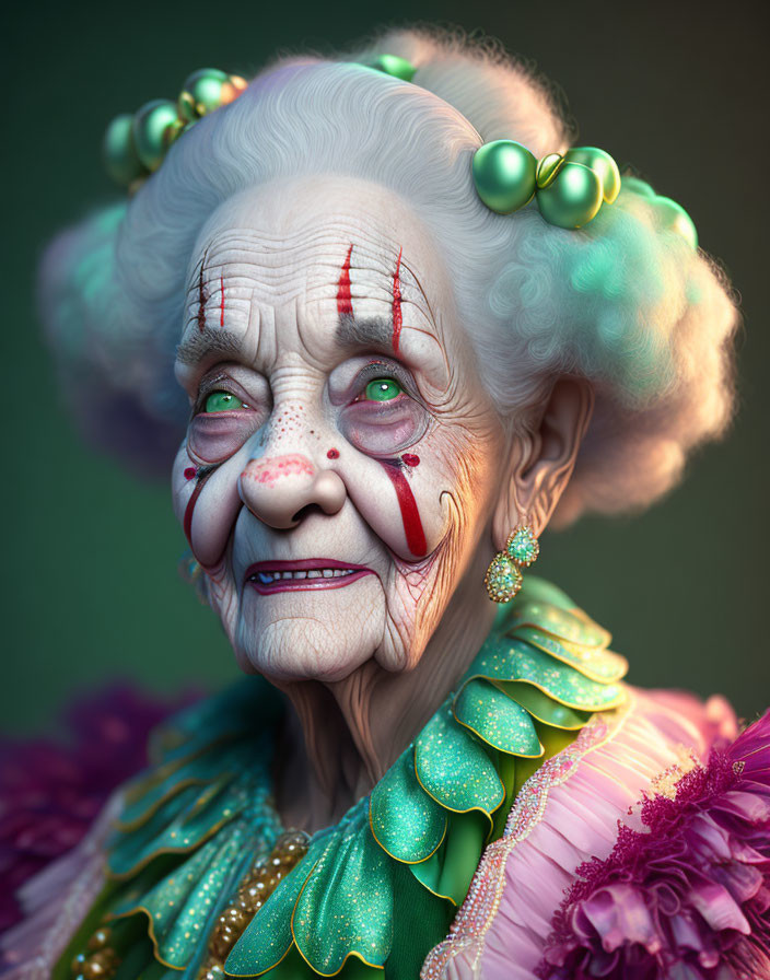 Elderly woman with white hair in curlers and clown makeup in colorful outfit