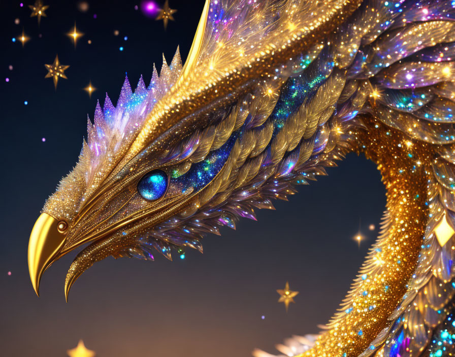 Golden Phoenix with Sparkling Plumage in Starry Night Sky