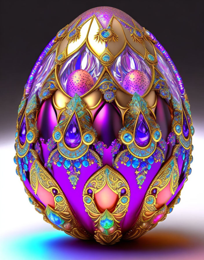 Elaborate Gold-Patterned Egg with Colorful Jewels