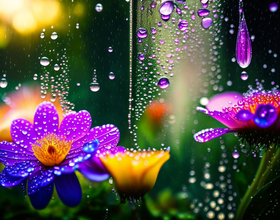 Colorful Purple and Orange Flowers with Water Droplets and Blurred Green Background