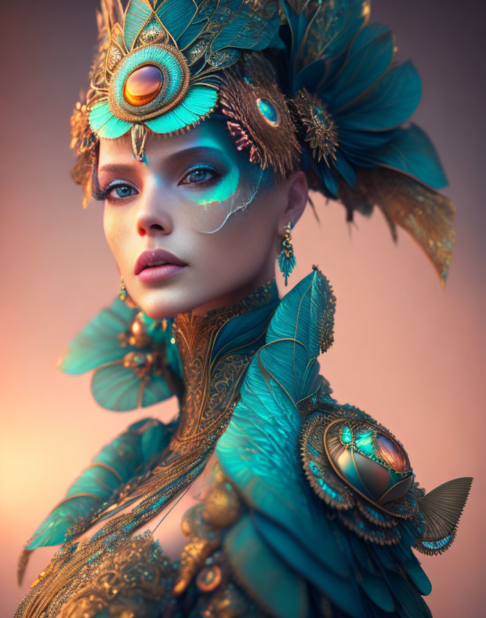 Woman with Striking Blue Eyes in Teal & Gold Feathered Headdress