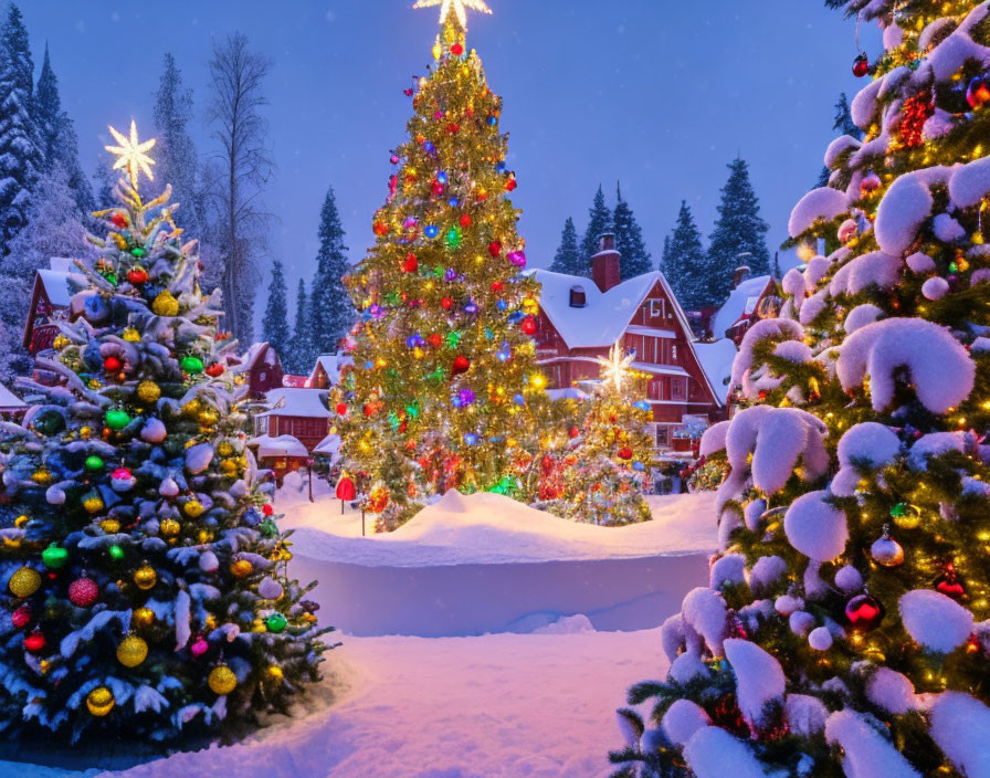 Snow-covered Christmas trees with colorful decorations and warm glowing lights in a festive winter scene