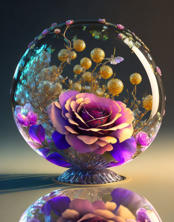 Colorful Flower and Golden Sphere Glass Orb Display