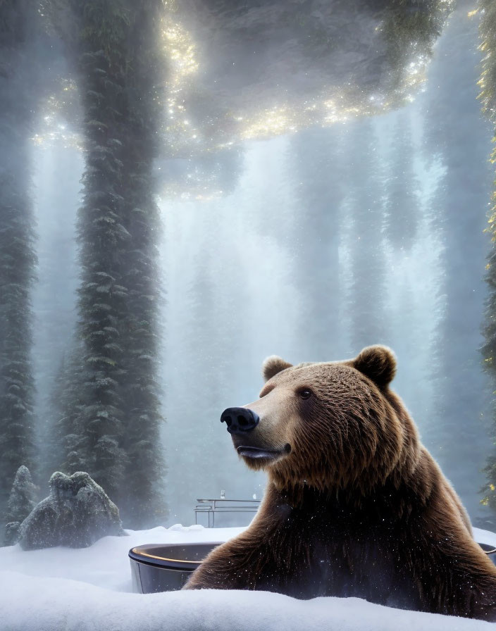 Bear in snowy forest clearing with sunbeams creating magical atmosphere