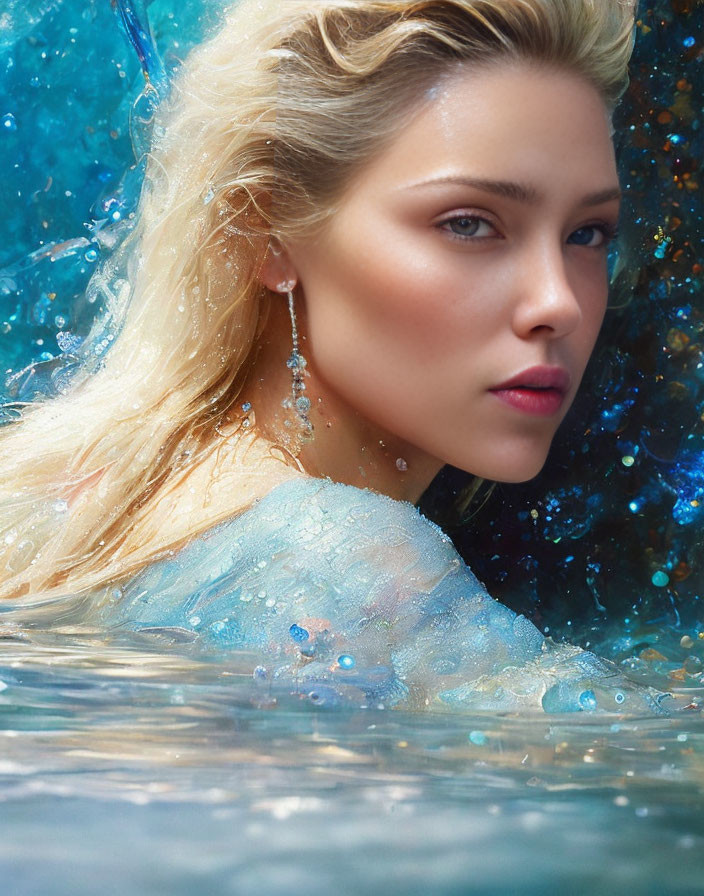 Blond woman with blue earrings in glittering water against blue backdrop