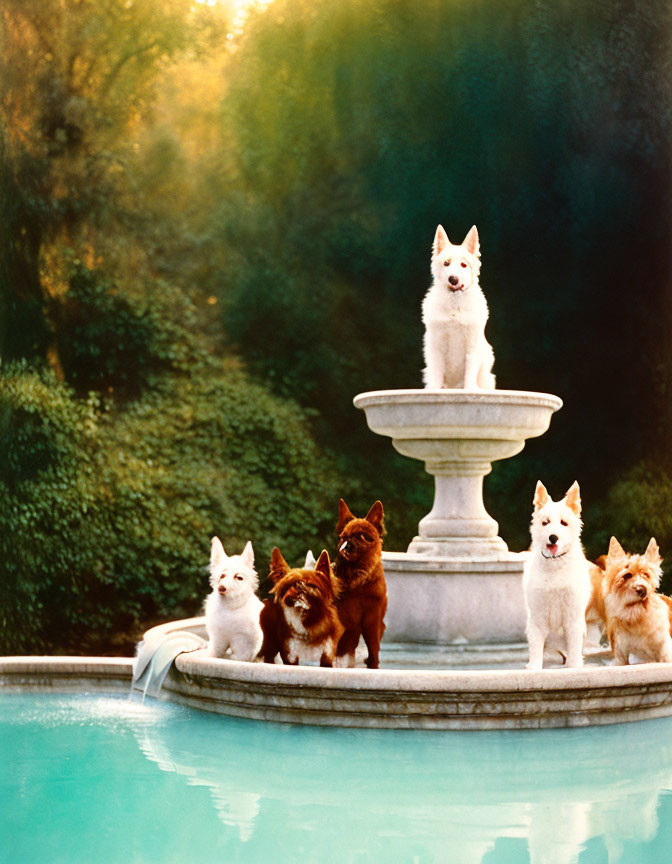 Five dogs of varying sizes by a pool, one on a fountain, surrounded by greenery