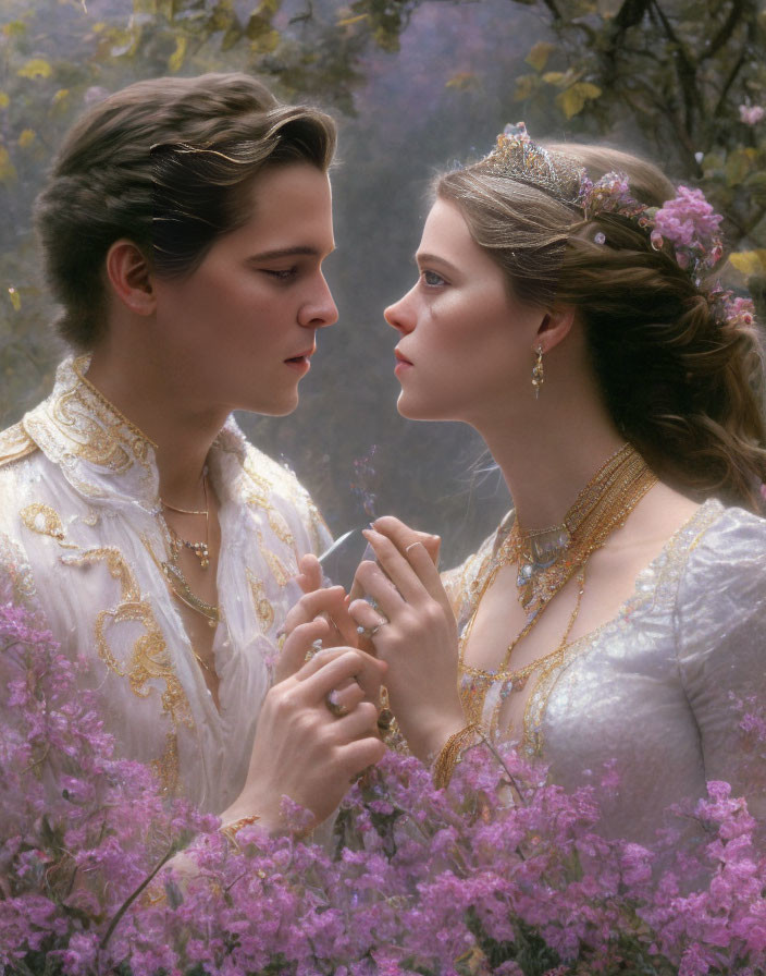 Elegant vintage attire couple amidst blooming lilac flowers