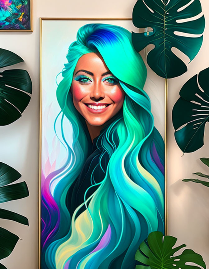 Colorful portrait of woman with blue and teal hair, smiling against green tropical leaves.