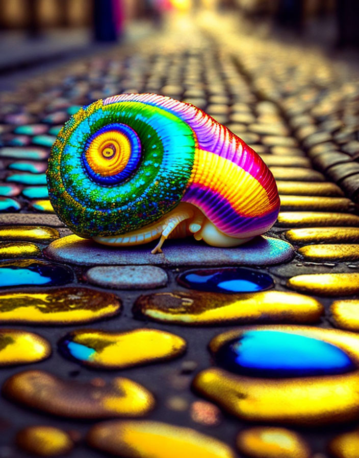 Colorful Rainbow Snail Shell on Cobblestone Street with Reflective Puddles