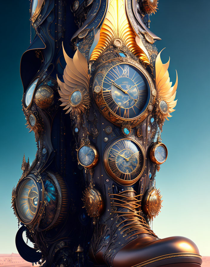 Steampunk-style mechanical column with clocks, gears, and wings in desert setting