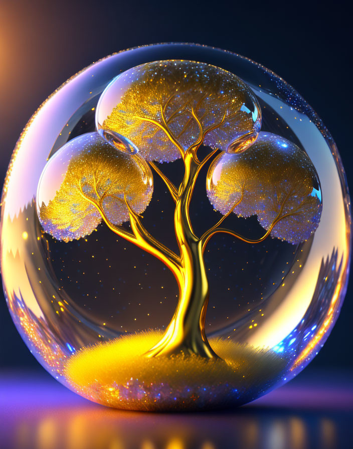 Golden tree in transparent sphere on purple background