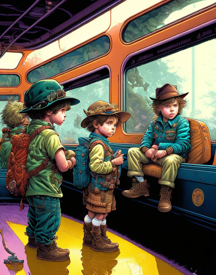 Three children in adventure gear on colorful bus ready for exploration