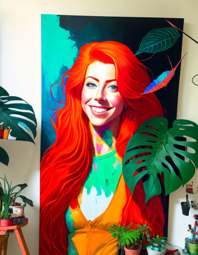 Colorful portrait of woman with red hair and green eyes in yellow top, among green houseplants